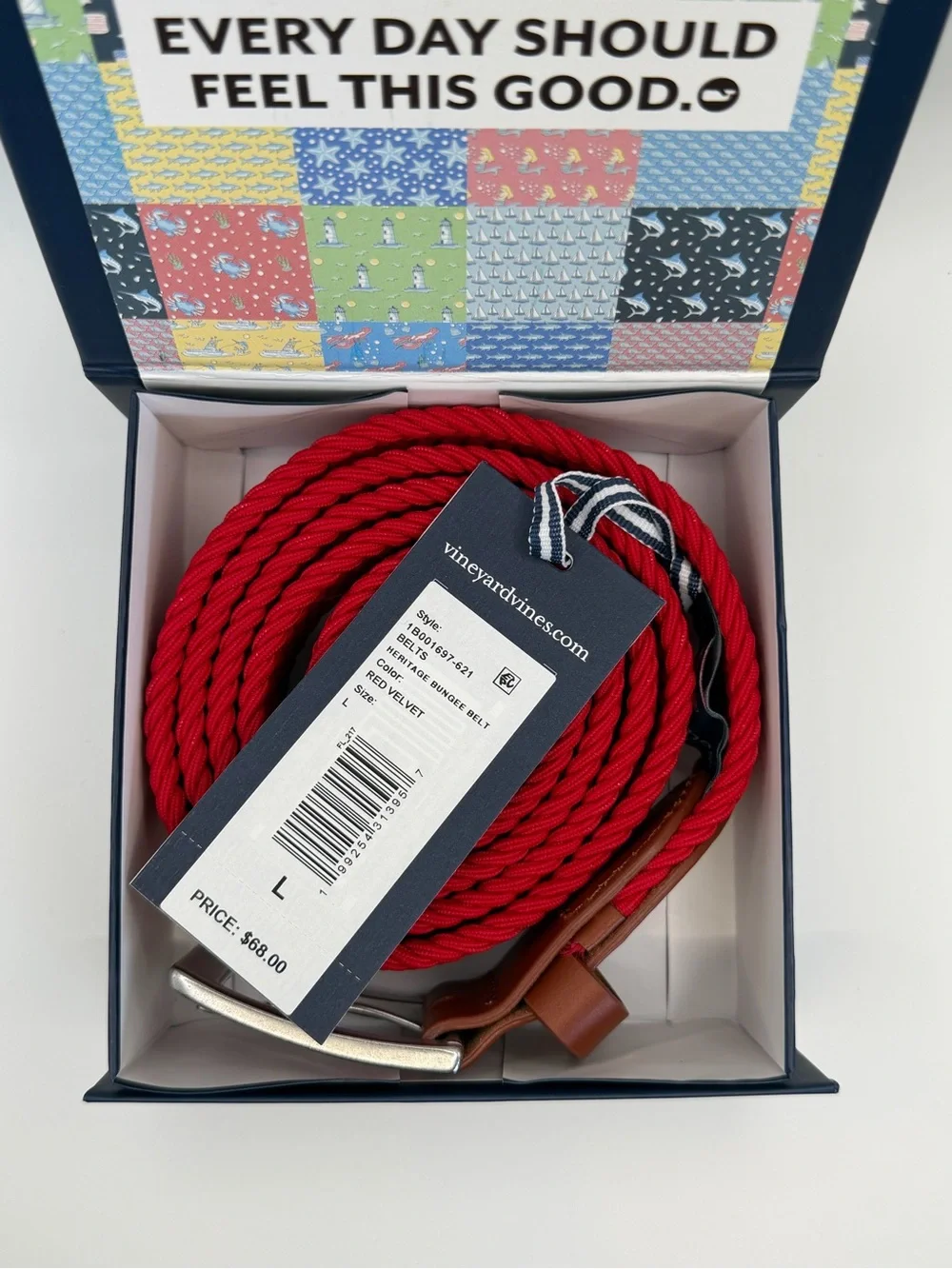 Mens Vineyard Vines Stretch Braided Belt, Red w Brown Leather, Size Large, NIB